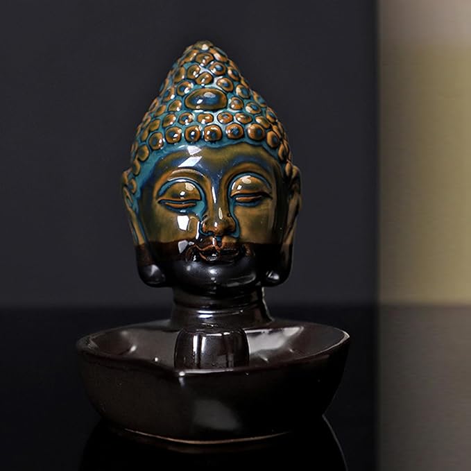 Buddha Head Incense Holder for Sticks, Small Ceramic Incense Burner Healing, Meditaiong, Zen, Timer of Spa or Yoga, with Ash Catcher (Blue)