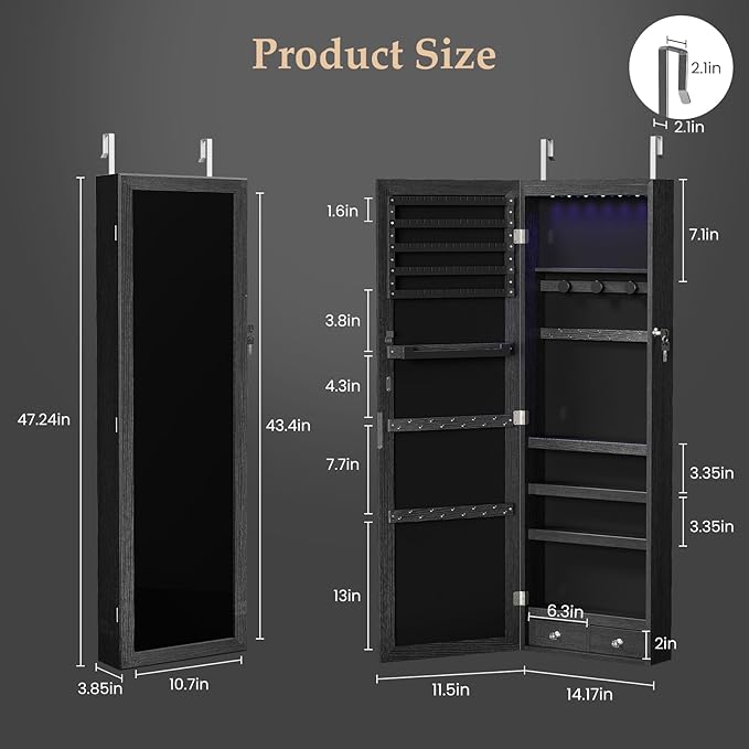 DUMOS 6 LEDs Mirror Jewelry Organizer Cabinet, Jewelry Armoire, 47.2 Inch | Hanging Door or Wall Mounted Mirror, Lockable, Large Capacity Cosmetic Storage, 2 Drawers, Gift Idea, Black
