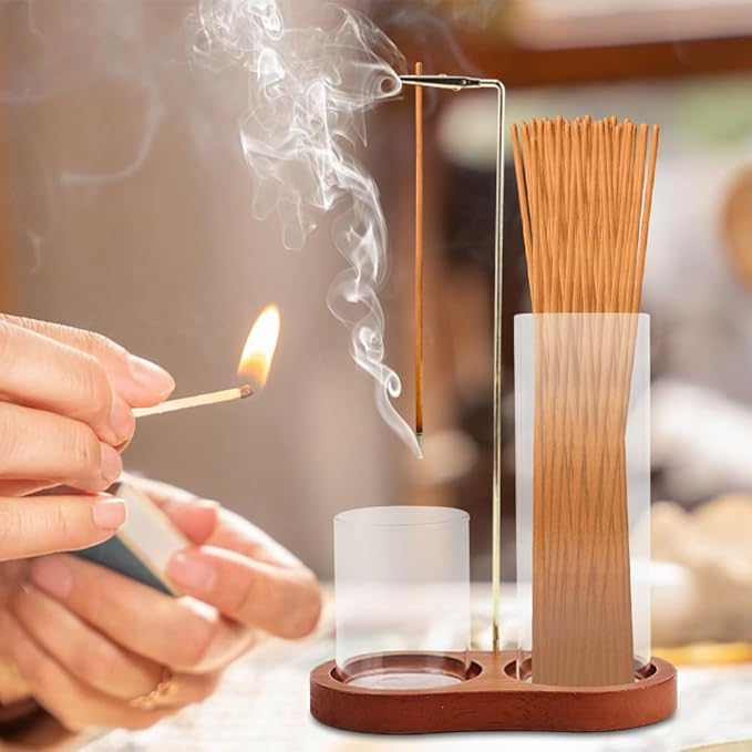 2 in 1 Incense Holder for Sticks, Anti-ash Incense Burner with Glass Ash Catcher, Incense-Holder for Meditation Yoga Spa Room Decor(Color:Brown)