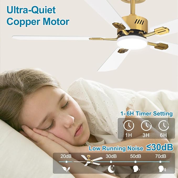 52 inch Ceiling Fan with Lights White and Gold, 3000K-6000K, 6 Wind Speeds, Dimmable LED Ceiling Fan 5 Blades, Quiet Reversible DC Motor, Modern Ceiling Fan for Bedroom, Living Room, Patio
