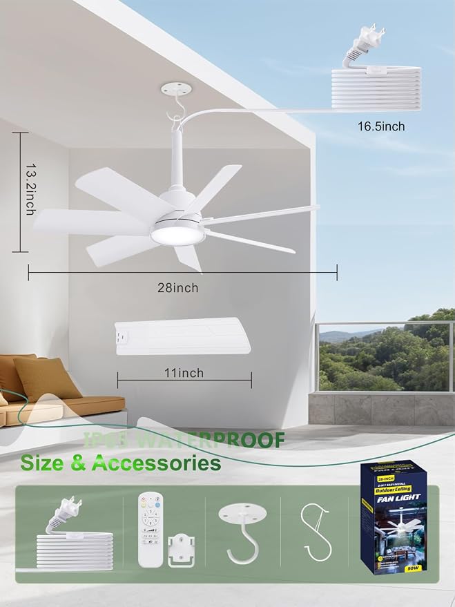 LANMEL Outdoor Gazebo Ceiling Fan with Light and Remote, 28 Inch, White | Plug-In, IP65 Waterproof, Hanging with Hook, 6 Speed, Reversible, 3CCT, Dimmable, Portable, for Patio, Canopy, Porch, RV