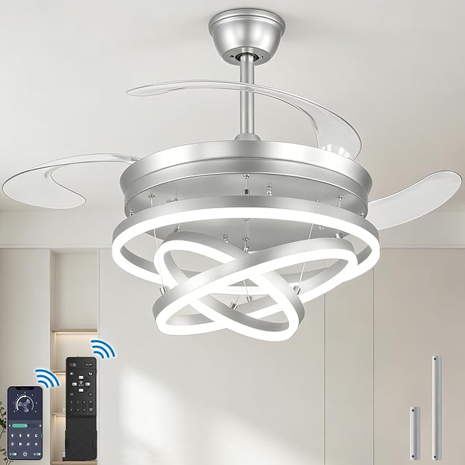 48 Inch Retractable Ceiling Fans with Lights and Remote, Modern Chandelier Fandelier Ceiling Fans, Quiet Reversible DC Motor, 6 Speeds, 3 Color Dimmable LED for Bedroom Living Room (Silver)