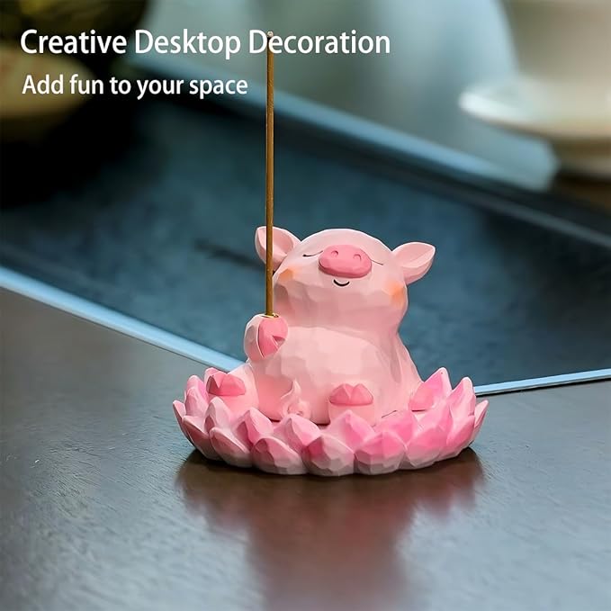 Lotus Incense Holder Pink Pig Cute Animal Figurine Incense Burner Flower Stand Ash Catcher Creative Cartoon Resin Siamese Cat Statue for Home Room Decor Meditation Yoga Spa