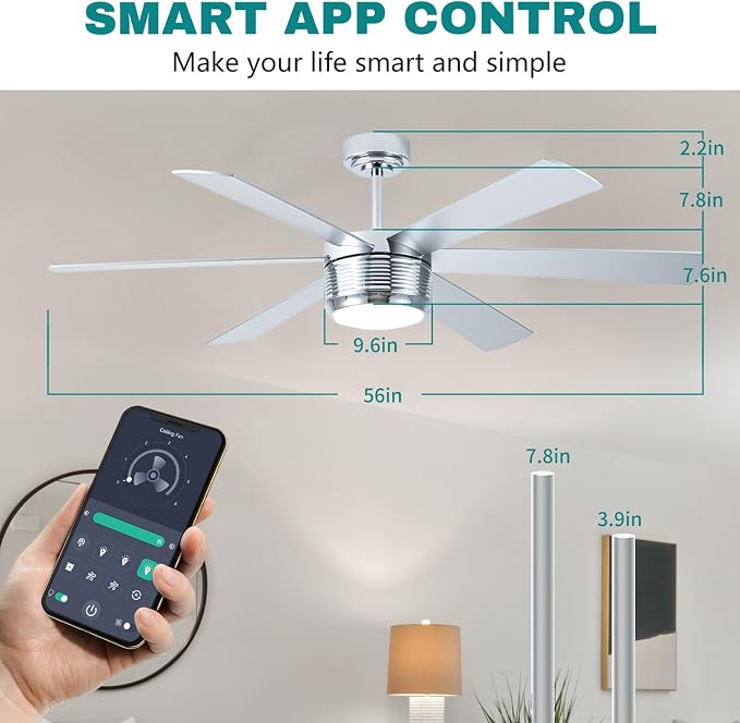 SHOWDI Nickel Ceiling Fans with Lights and Remote, Quick Installation, 56 in