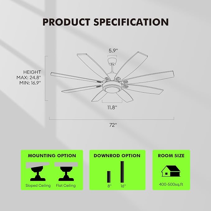 72 Inch Large Ceiling Fans with Lights and Remote Control, Modern Nickel Ceiling Fan with Quiet Reversible DC Motor, Timer, 6 Speeds for Living Room, Kitchen, Home Office, Outdoor Patio