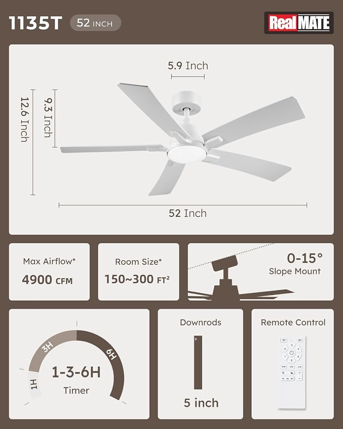 52 Inch White Downrod Ceiling Fans with Lights and Remote | 3CCT Dimmable LED, 6 Speed, Quiet DC Motor, 3-Level Timer Function, Forward/Reserve For all Seasons, Indoor/Covered Outdoor