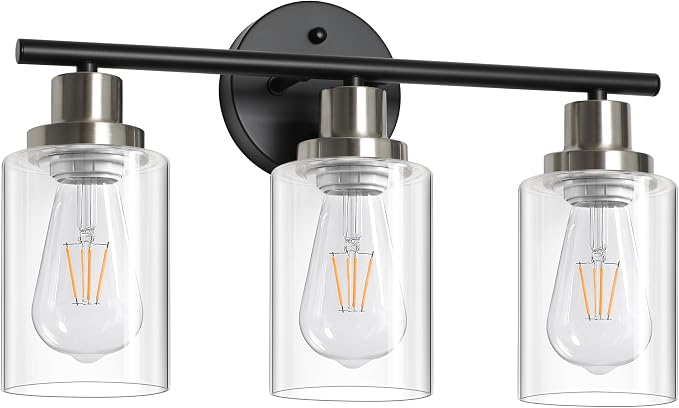 Unicozin Modern Bathroom Light Fixtures, 3 Light Vanity Lights, Black and Brushed Nickel Wall Lamp with Clear Glass for Bathroom, Mirror, Living Room, Bedroom, Hallway, E26 Base