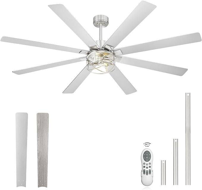 YOUKAIN Ceiling Fans with Lights, 72 Inch Farmhouse Ceiling Fan with Light and Remote, 8-Reversible, Brushed Nickel Finish, Indoor/Outdoor Ceiling Fans for Living Room, Bedroom, 72-YJ632-BNW