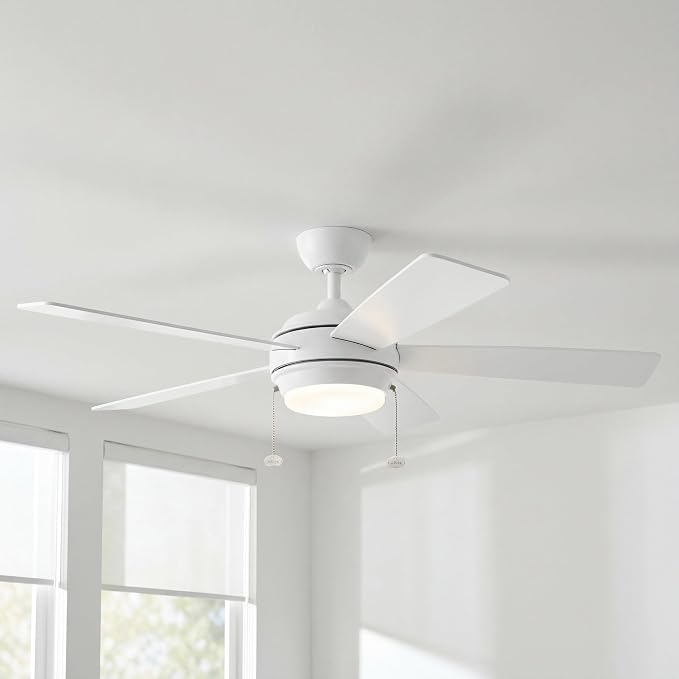 Kichler Starkk 52 in LED Ceiling Fan with Light, 5 Blade Modern White Ceiling Fan with Integrated LED Light and Downrod for Bedroom, Living Room, Kitchen, Dining Room, 330174MWH