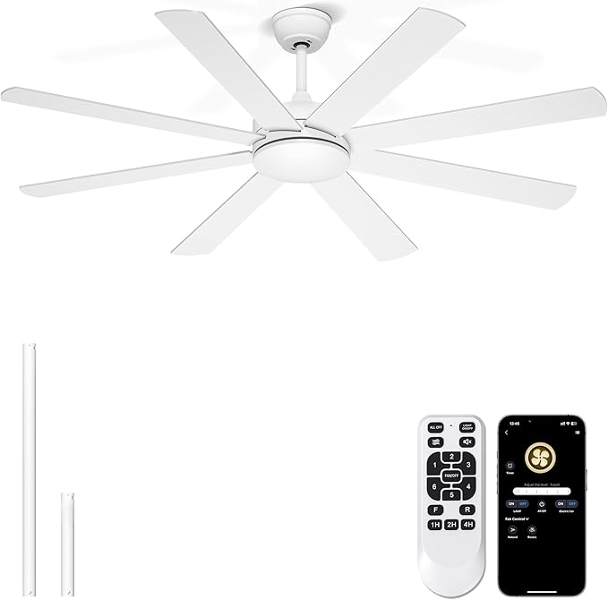 60'' White Ceiling Fan Without Lights for Indoor/Covered Outdoor | Remote/APP Control, 5980 CFM Airflow, Quiet DC Motor, Reversible, 8 Blades Modern Overhead Fan for Sunroom, Screen Porch