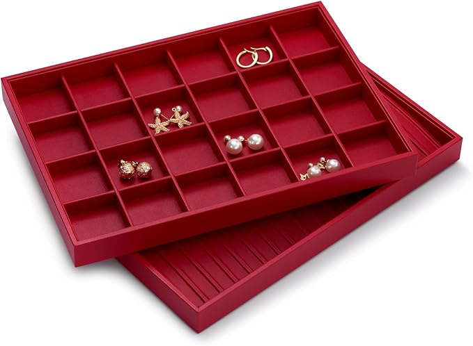 Oirlv Red Leather Jewelry Organizer 24-Grid | Red Leather Exterior, Soft Microfiber Interior, 35X24X3Cm, Vibrant Red Color, Removable Dividers, Great for Retail Display