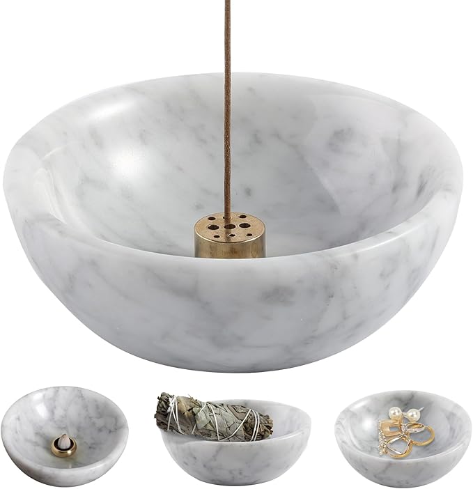 Koville Italian Natural Marble Incense Holder, 5inch Incense Holders for Sticks, Sturdy Incense Burner Ash Catcher, Ideal for Meditation, Relaxing, Easy to Clean(Bianco Carrara)