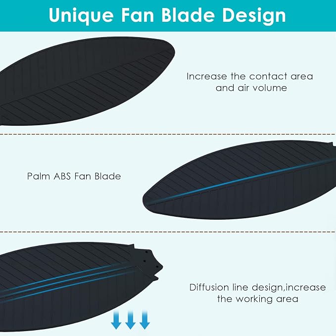 Surtime 46" Black Ceiling Fans with RGB Lights - Flush Mount Ceiling Fan Light with LED 3CCT Dimmable, Tropical Palm Leaf Ceiling Fans for Indoor Party,Covered Outdoor