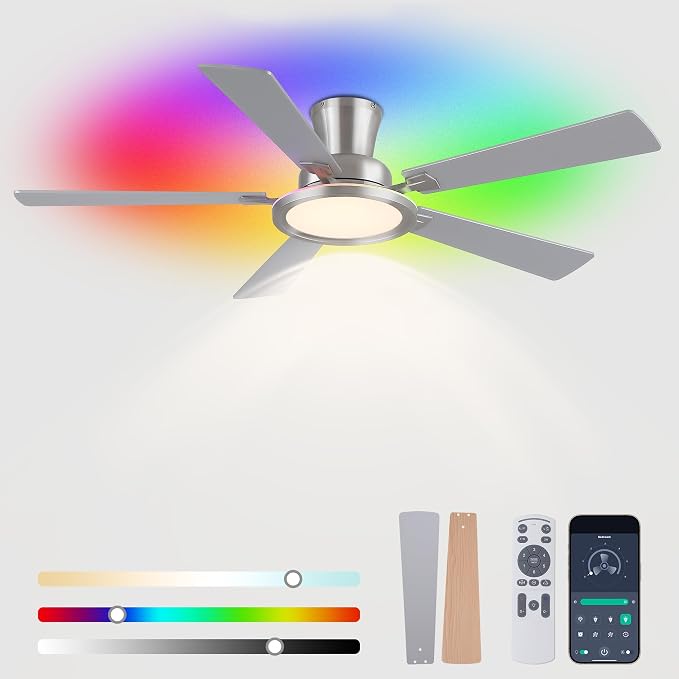 Ayaoty Ceiling Fans with Lights - 52in Flush Mount Ceiling Fan with RGB Dimmable, 3CCT 6 Wind Speeds and Reversible Quiet Motor, Low Profile RGB Fan Light for Modern Indoor, Party - Nickel