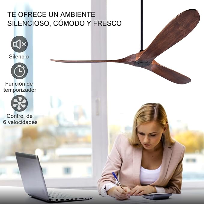 Ceiling Fans without Lights, 60 Inch Wood Ceiling Fan no Light with Remote, Outdoor Ceiling Fan for Living Room, Patio, Porch, 6 Speeds, Quiet DC Motor(Deep Walnut Blades)