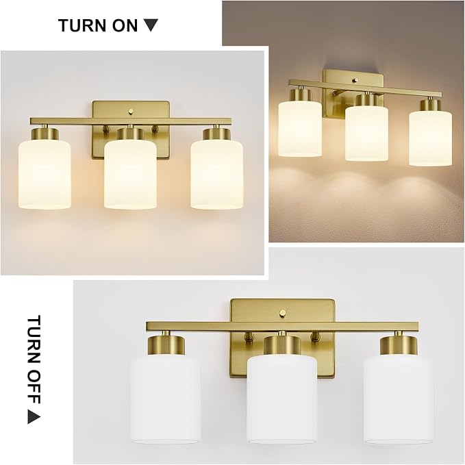 FonmYim Brushed Gold Bathroom Light Fixtures, 3-Light Modern Vanity Light Over Mirror, Wall Sconces with Milky White Frosted Glass Shades, E26 Socket (Bulbs Not Included)