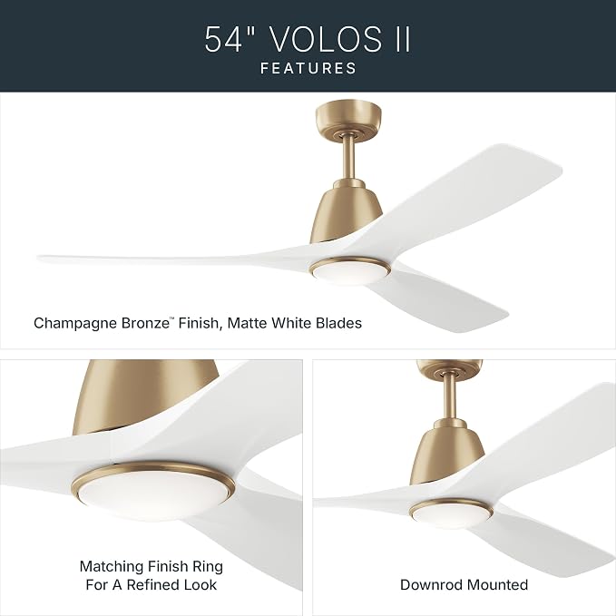 Kichler 54" Volos II 3 Blade Ceiling Fan in Champagne Bronze with Matte White Blades, Easy-to-Install AC Motor, Downrod, 300054-CPZ