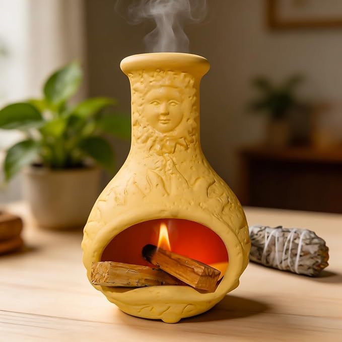 MOUGIGI Palo Santo Burner Holder,Yellow Mini Chiminea with Chimney Handmade Smudge Bowl fits sage, Incense Cones, Sticks, Small Candle; with ash Collection. Great for Zen Meditation, Altar Fireplace
