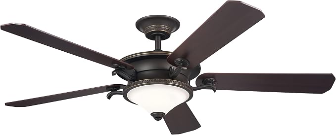 Kichler 60 Inch Rise 5 Blade LED Indoor Ceiling Fan with Etched Cased Opal Glass in Olde Bronze with Reversible Walnut and Cherry Blades