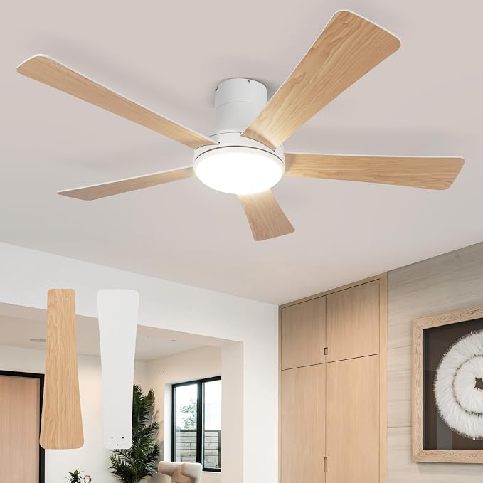 52 Inch White Ceiling Fans with Lights and Remote, Flush Mount Ceiling Fan with 5 Blades, Dimmable, Reversible Motor, 3-Color Temperatures, 6 Speeds, for Bedroom/Kidroom/Patio