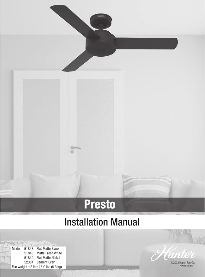 Hunter Presto, Indoor, Ceiling Fan, No Light, Modern, 44 inch, Dove Grey | Standard Mount, Wall Control, 3 Blades, For Bedroom, Living Room, Kitchen, 52384