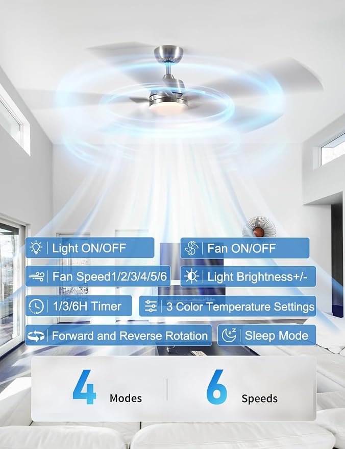 Rayqueen 60Inch Brushed Nickel Ceiling Fans with Lights and Remote,Downrod | 6 Speed Reversible DC motor,3-color temperature dimmable LED.For indoor/covered outdoor.Modern style for bedroom room