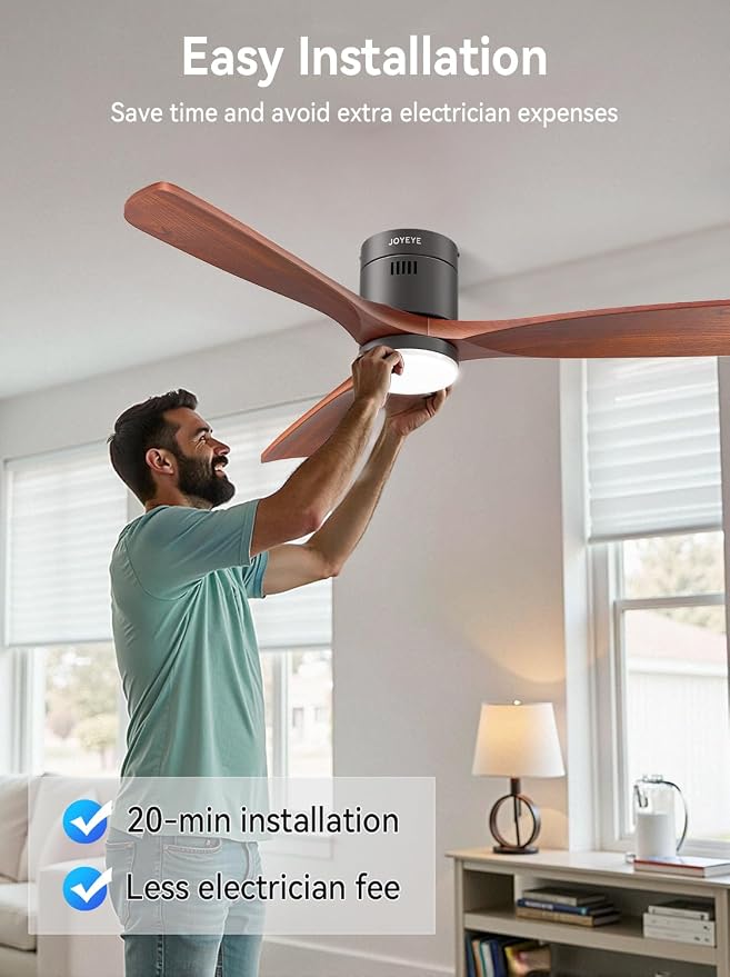 52 Inch Ceiling Fans with Lights and Remote, Solid Wood 3 Blade Modern Ceiling Fan, Quiet DC Motor, 6 Speeds, Dimmable LED, Timer, Indoor & Covered Outdoor Living Room, Bedroom, Patio (Darkwalnut)