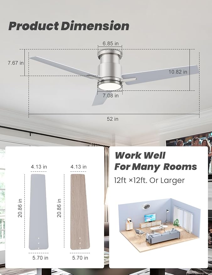 CJOY 52" Low Profile Ceiling Fan with Light and Remote, Brushed Nickel Ceiling Fans, 6 Speed Reversible DC Motor, 3CCT Dimmable LED- Flush Mount Design for Bedroom, Living Room & Covered Outdoor