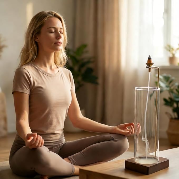 Glass Incense Holder, Hanging Incense Stick Burner with Ash Catcher, 2 in 1 Backflow Cone Holder on Wooden Base, Anti-Ash Zen Decor for Meditation, Yoga (Round)
