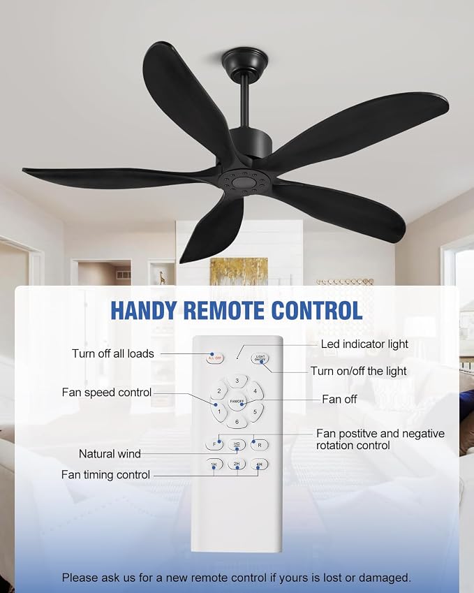52" Ceiling Fan Without Lights 5 Blades Ceiling Fans with Remote Black | Ceiling Fan Without Lights for Patios Indoor, ETL Listed, Timer, 6 Speeds, 3 Color, Reversible Quiet DC Motor, Under 25dB