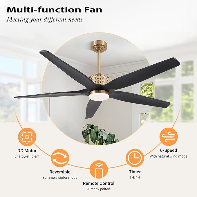 LEDLUX 60" Ceiling Fan with Light – Remote Control, Solid Wood, 6-Speed, Quiet Reversible DC Motor, Black/Gold Finish, 4.5"/12" Downrods, Noiseless Large Ceiling Fan for Bedroom, Living Room, Porch