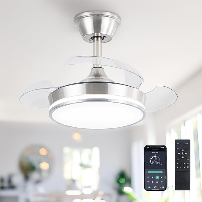 STERREN 30" Retractable Ceiling Fans with Lights, Dimmable LED Ceiling Fan Remote Control, Modern Small Fan Light for Bedroom Living Room Dinning Room Kitchen, 3000K-6500K, 6 Speed (Brushed Nickel)