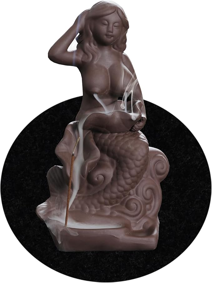 Mermaid Backflow Incense Burner and Incense Cones, Handmade Ceramic Waterfall Incense Holders Home Decor Gift Artwork Statue Ornaments