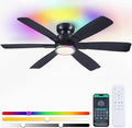 Kviflon 52" Modern Ceiling Fans with RGB Lights Remote/APP Control, Low Profile Flush Mount Ceiling Fan, 6 Reversible Plastic Blades 6 Speeds, RGB + 3 CCT Dimmable Lights for Bedroom Kidsroom, Black