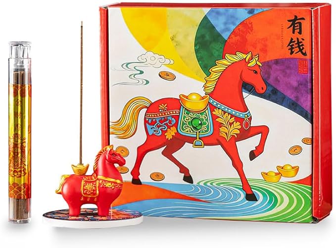 Horse Incense Burner-Resin Fortune Horse Incense Holder with Tray & Gift Box,Aromatherapy Decor for Yoga, Meditation,Home Office,Horse Lover Gift (Red)
