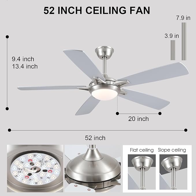 Kviflon 52 Inch Ceiling Fans with Lights and Remote, Modern Indoor Outdoor Ceiling Fan for Bedroom Living Room Patio Porch, 6 Speeds, Reversible Quiet Motor, Dual Finish Wooden Blades, Nickel