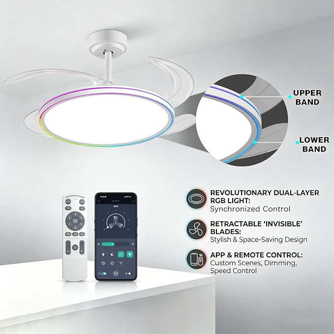 BAYSQUIRREL Slim Retractable Ceiling Fan, 42 Inch Low Profile Ceiling Fan with Remote Control, Dimmable Full Spectrum with Memory, 6-Speed Reversible Fan, White