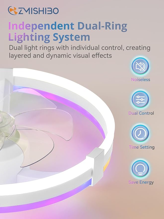 ZMISHIBO RGB Ceiling Fans with Lights and Remote, 20 inch Low Profile Ceiling Fan with Light, 3000K-6000K Dimmable & RGB, Modern Fandelier Flush Mount Ceiling Fan, Small LED Fan for Bedroom