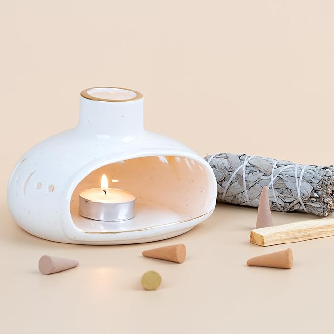 ZenBless 3 in 1 Incense Holder for Palo Santo Sticks Sage Incense, Handcrafted Ceramic Incense Burner Holder Ash Catcher with Chimney, Smudge Bowl for Yoga Meditation Room Home Decor