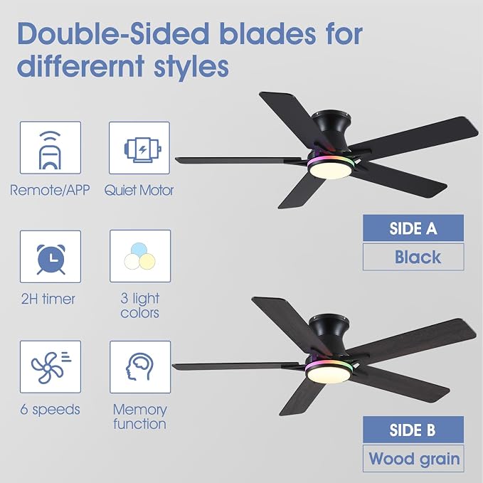 52"Black Modern Low Profile RGB Ceiling Fans with Lights and Remote/APP | 14 RGB Modes,Supports Remote and APP,6 Wind Speeds, Reversible, Dimmable 3 CCT LED, 30W DC Motor,Suits for Bedroom Kidsroom