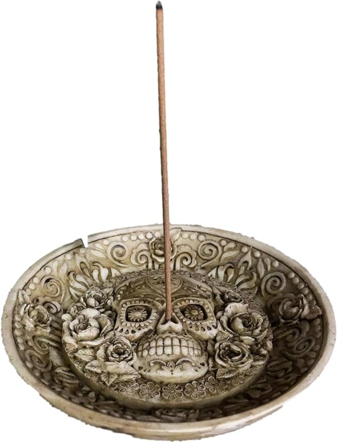 Ebros Day of The Dead Inca Floral Rose Sugar Skull Incense Stick Burner Holder Medallion Dish Figurine Skeletons Halloween Ossuary Aromatherapy Coin Jewelry Dishes Decorative Accent