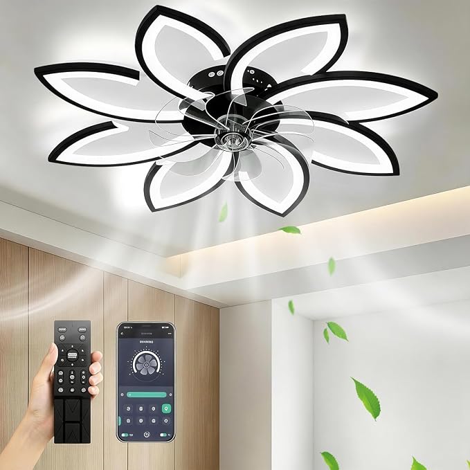 35" Ceiling Fans With Lights and Remote, Low Profile Flush Mount | Ceiling Fan With Light Modern Dimmable 3 Colors 6 Speed Quiet Reversible Motor Timing for Bedroom Living Room Kitchen Black