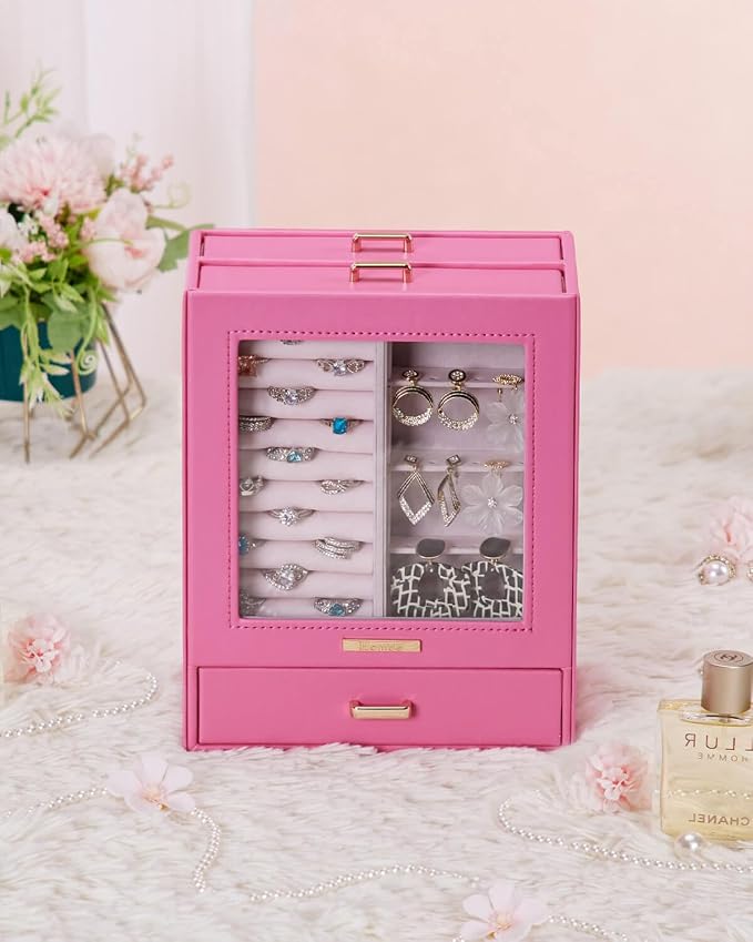 Homde Display Jewelry Box for Girls: Starter Organizer with Clear Window | Vertical Drawers for Earrings Rings Necklaces - Compact Footprint Fits Small Vanities - Birthday&Graduation Gift for Teens