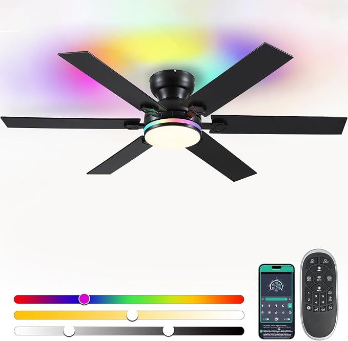 52"6-Blade Black Modern Low Profile RGB Ceiling Fans with Lights and Remote | 14 RGB Modes ,6 Wind Speeds, Reversible, Dimmable 3 Light Colors LED Light, Noiseless Quiet DC Motor,6 Double-Sided Blades