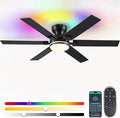 52"6-Blade Black Modern Low Profile RGB Ceiling Fans with Lights and Remote | 14 RGB Modes ,6 Wind Speeds, Reversible, Dimmable 3 Light Colors LED Light, Noiseless Quiet DC Motor,6 Double-Sided Blades