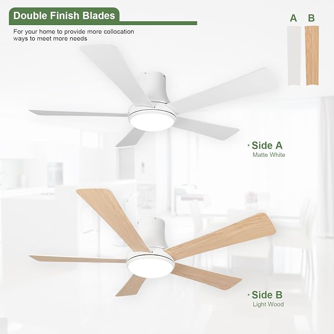 52 Inch White Ceiling Fans with Lights and Remote, Flush Mount Ceiling Fan with 5 Blades, Dimmable, Reversible Motor, 3-Color Temperatures, 6 Speeds, for Bedroom/Kidroom/Patio