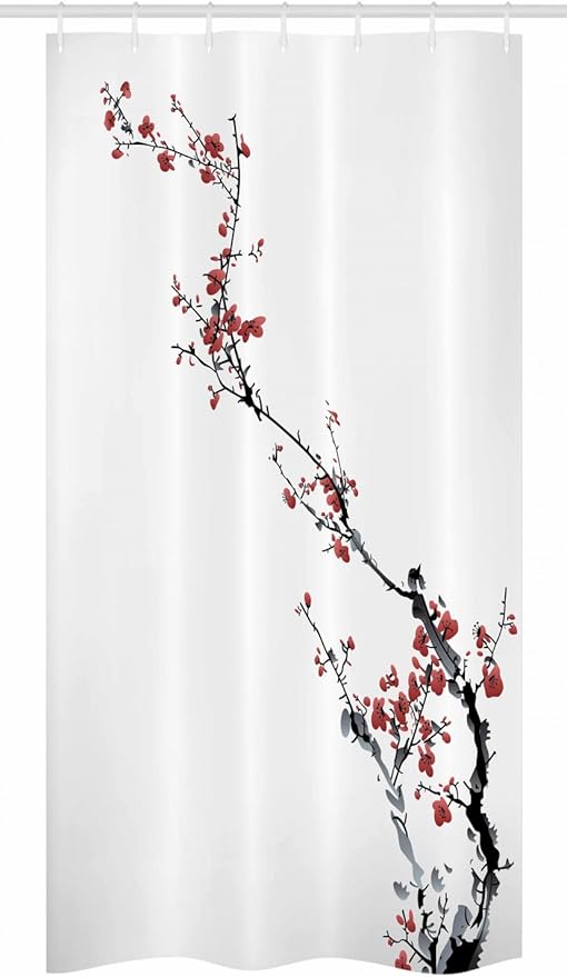 Ambesonne Watercolor Flower Stall Shower Curtain, Sakura Tree Cherry Branches in Classic Style Artwork, Fabric Bathroom Decor Set with Hooks, 36" W x 72" L, Coral Black