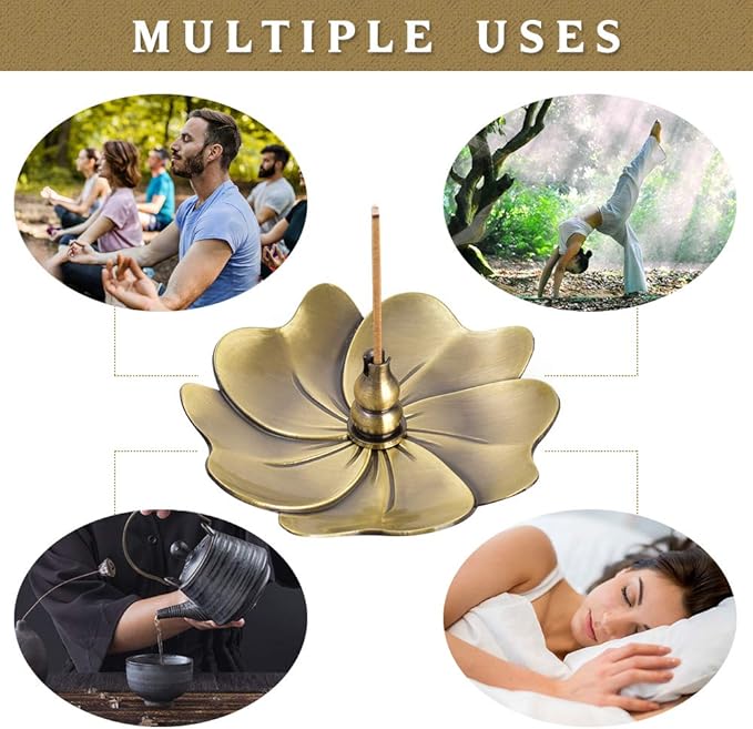 Sakura Flower Incense Holder, 5PCS Bronze Incense Burner Holder with Silk Pouch, Bowl-Shape, Lotus Multihole, Cone Shape and Gourd-Shape Ash Catcher Yoga Room Living Room Bedroom Home Fragrance