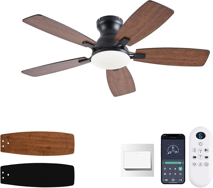 NKPU Ceiling Fans with Lights, Low Profile Ceiling Fan with Light and Remote/APP Control, DC Motor, Noiseless, Flush Mount, 42inch Brown Ceiling Fan for Bedroom Indoor/Outdoor Use