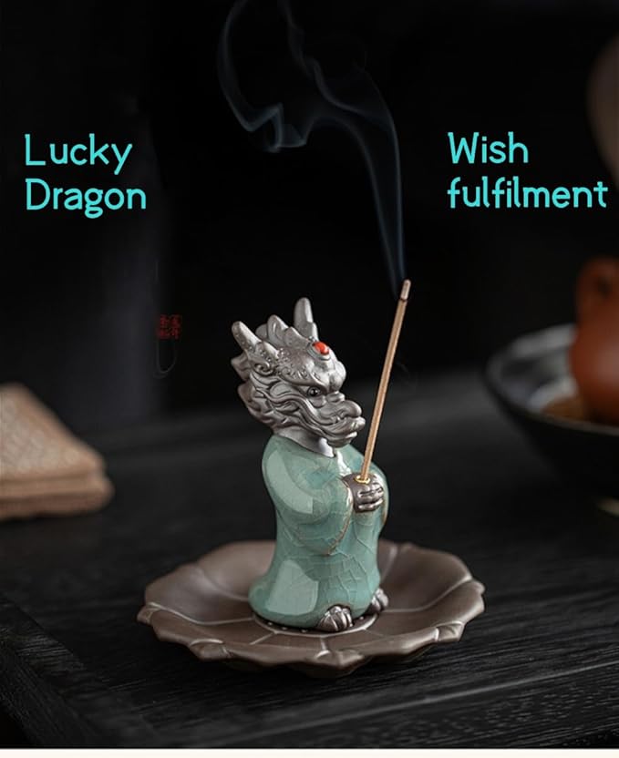 Lucky Dragon Incense Holder with 30 Incense Sticks, Handmade Incense Stick Burner, Lotus Flower Base, Elegant Home Office Decoration Accessories